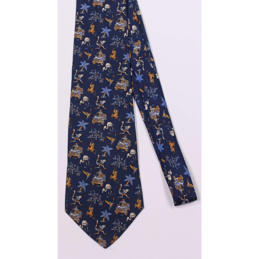 Salvatore Ferragamo Blue Safari Flamingo Monkeys Silk Necktie Tie - Picture 3 of 7